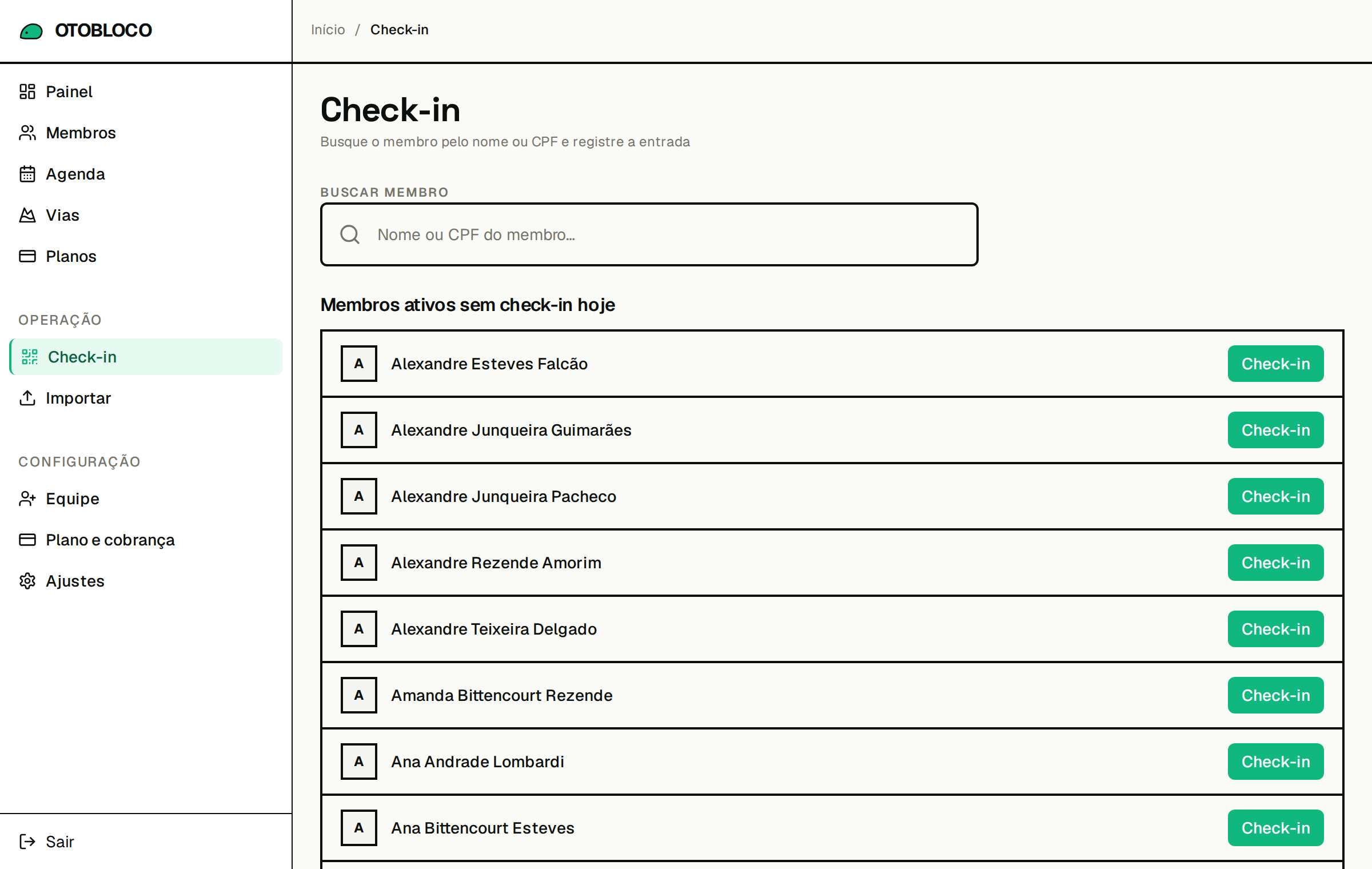 Tela de check-in do Otobloco com busca de membro