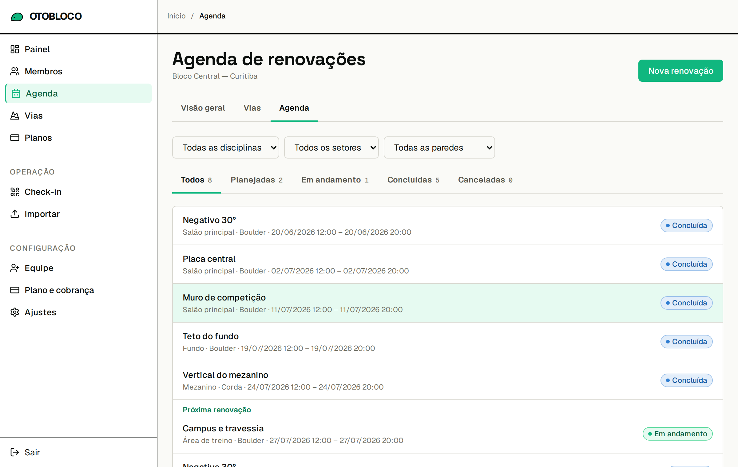 Agenda de routesetting do Otobloco com renovações programadas