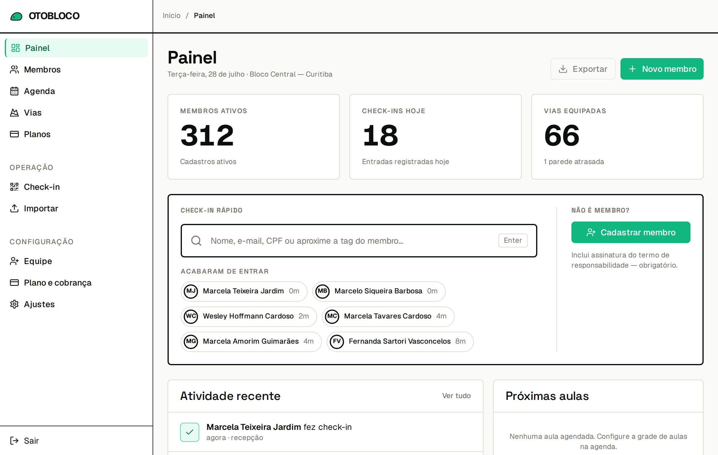 Painel do Otobloco com membros ativos, check-ins do dia e agenda de routesetting