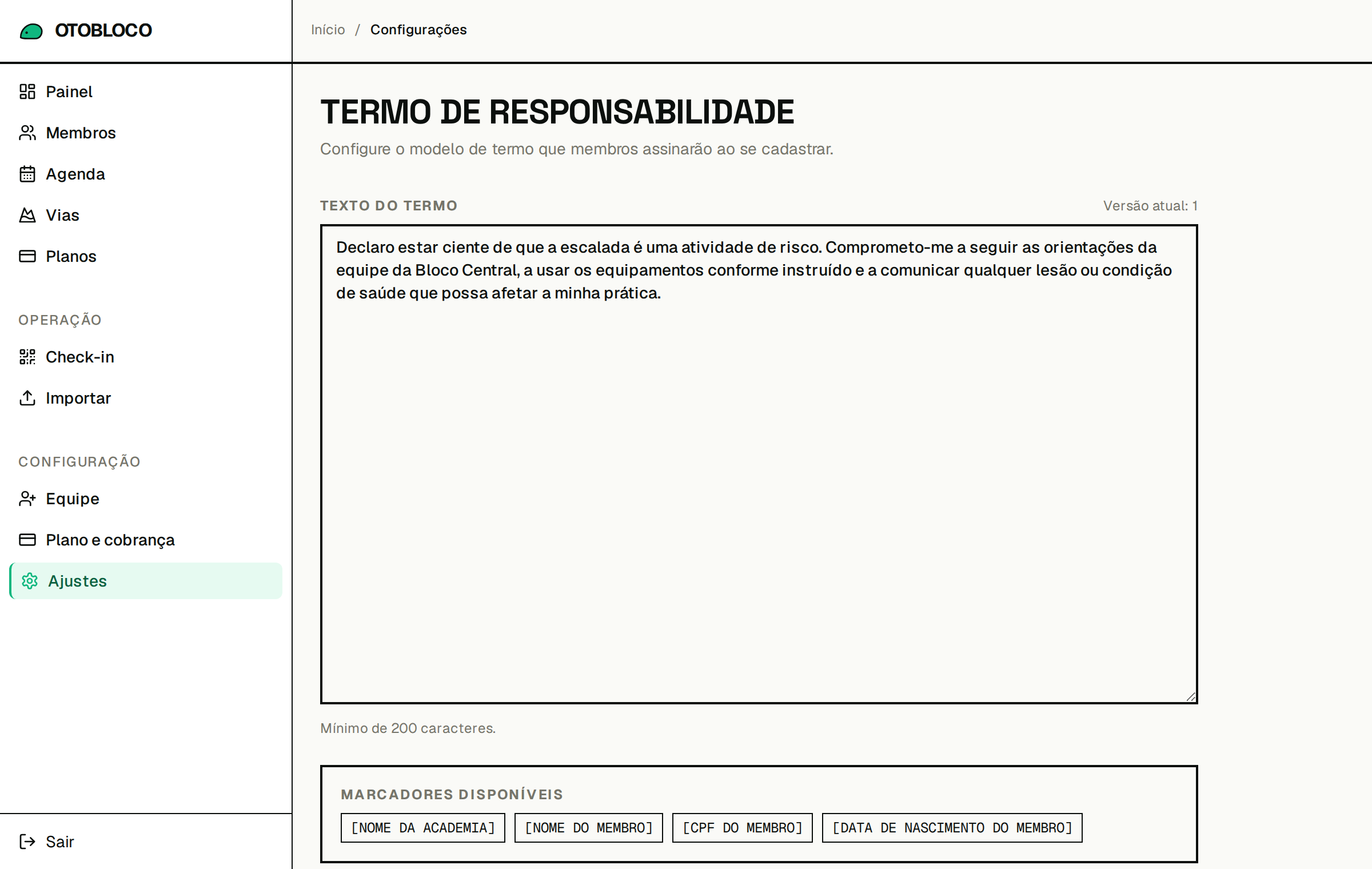 Editor do termo de responsabilidade do Otobloco com marcadores